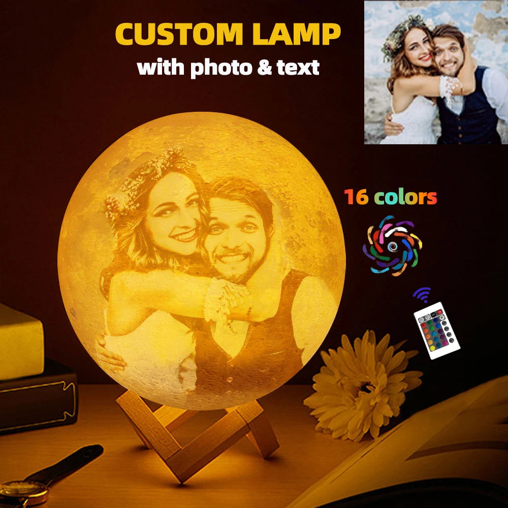 Custom 3D Photo Moon Lamp – Personalized Night Light with Wood Stand