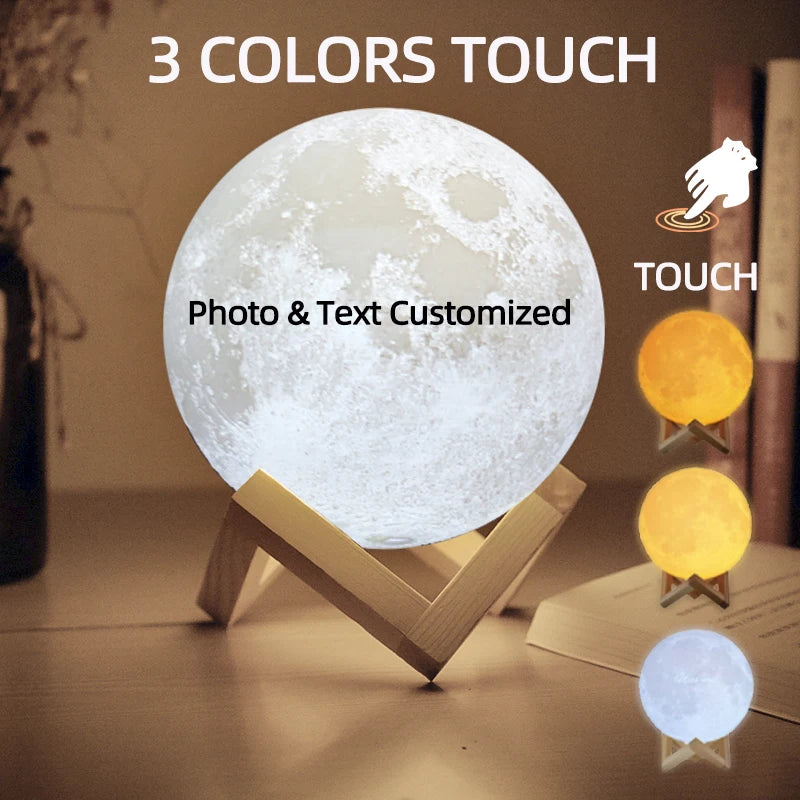 Custom 3D Photo Moon Lamp – Personalized Night Light with Wood Stand