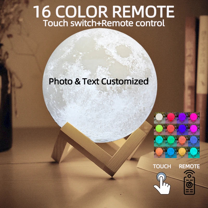 Custom 3D Photo Moon Lamp – Personalized Night Light with Wood Stand