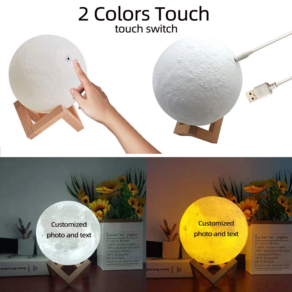 Custom 3D Photo Moon Lamp – Personalized Night Light with Wood Stand