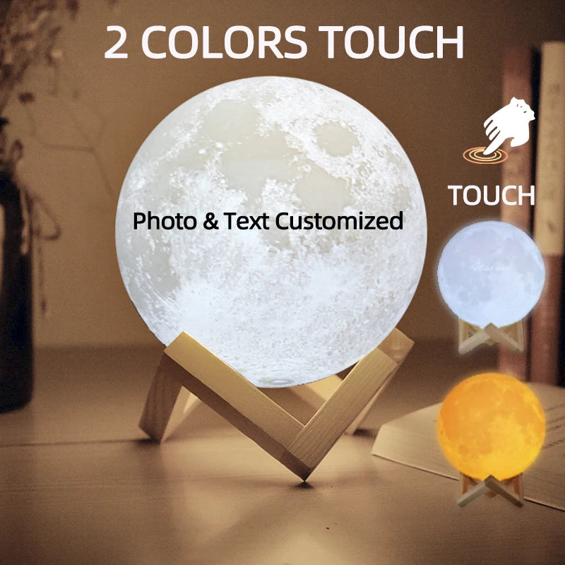 Custom 3D Photo Moon Lamp – Personalized Night Light with Wood Stand
