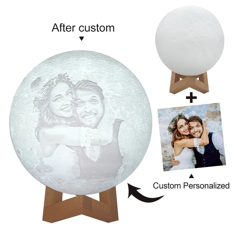 Custom 3D Photo Moon Lamp – Personalized Night Light with Wood Stand