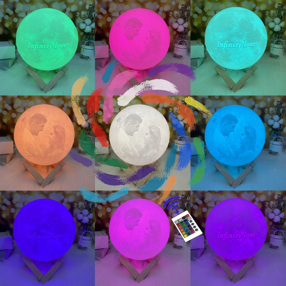 Custom 3D Photo Moon Lamp – Personalized Night Light with Wood Stand