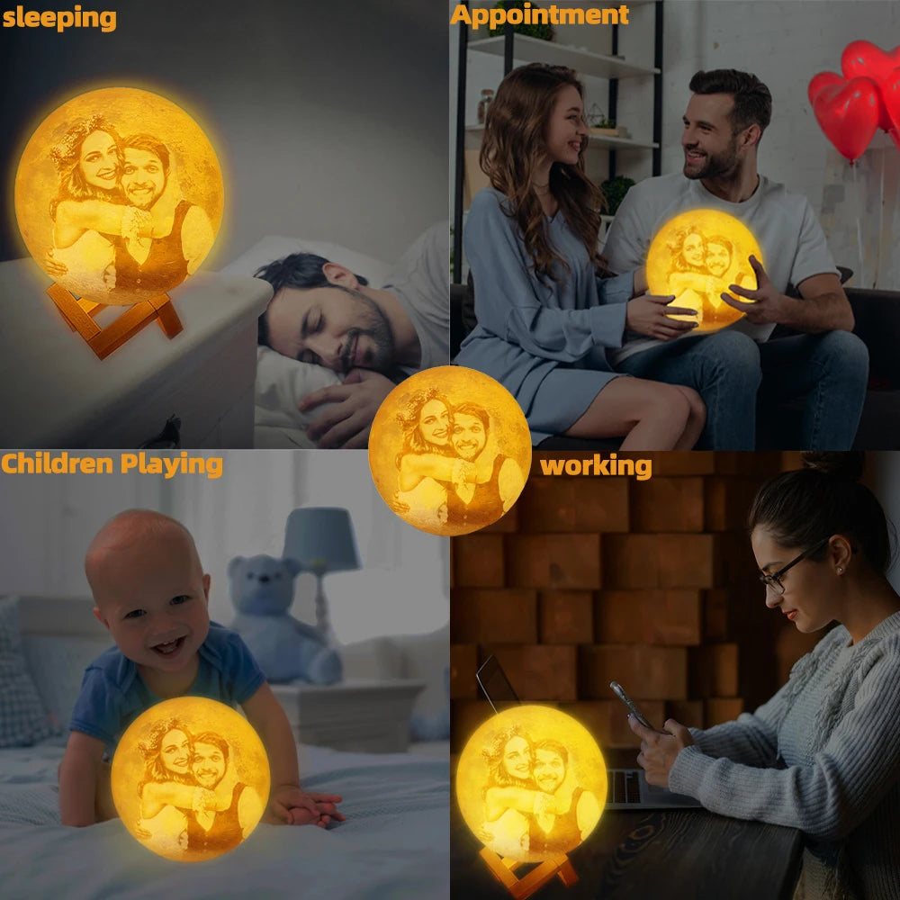 Custom 3D Photo Moon Lamp – Personalized Night Light with Wood Stand
