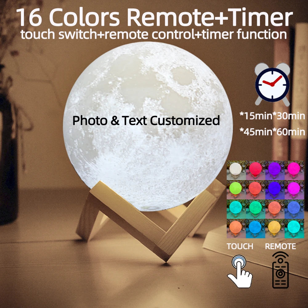 Custom 3D Photo Moon Lamp – Personalized Night Light with Wood Stand