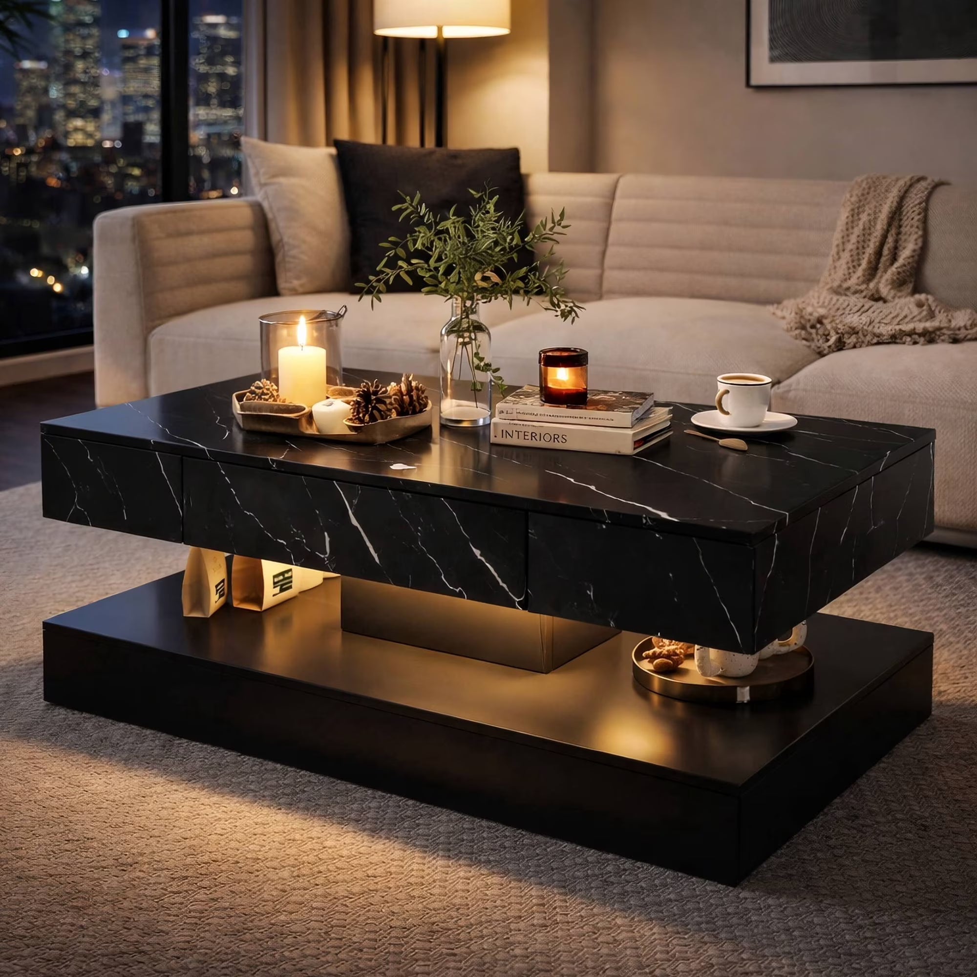 Lucid Glow Modern LED Coffee Table – High Gloss with Remote Control Storage